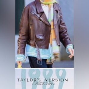 GUESS Women's leather brown bomber jacket Belt Studs Military medium NEW! Moto